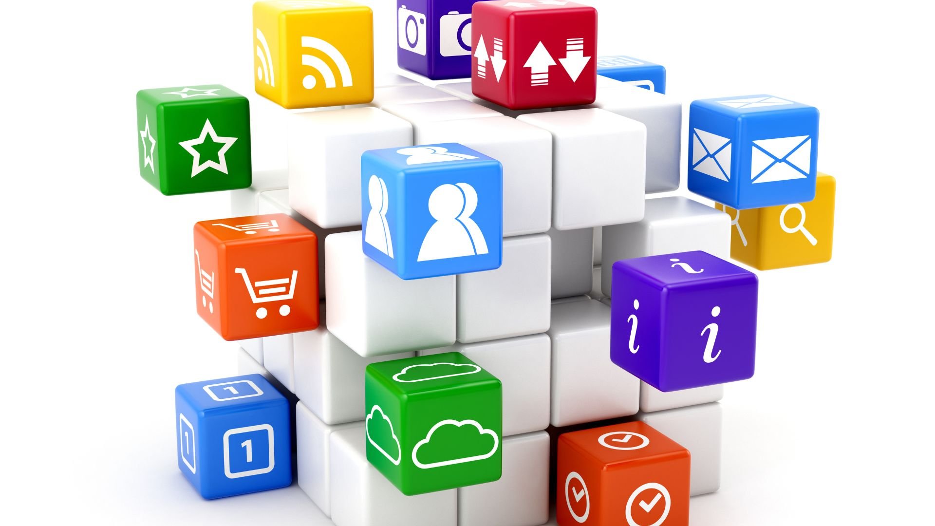 Colorful 3D app icons and blocks representing digital services and technology