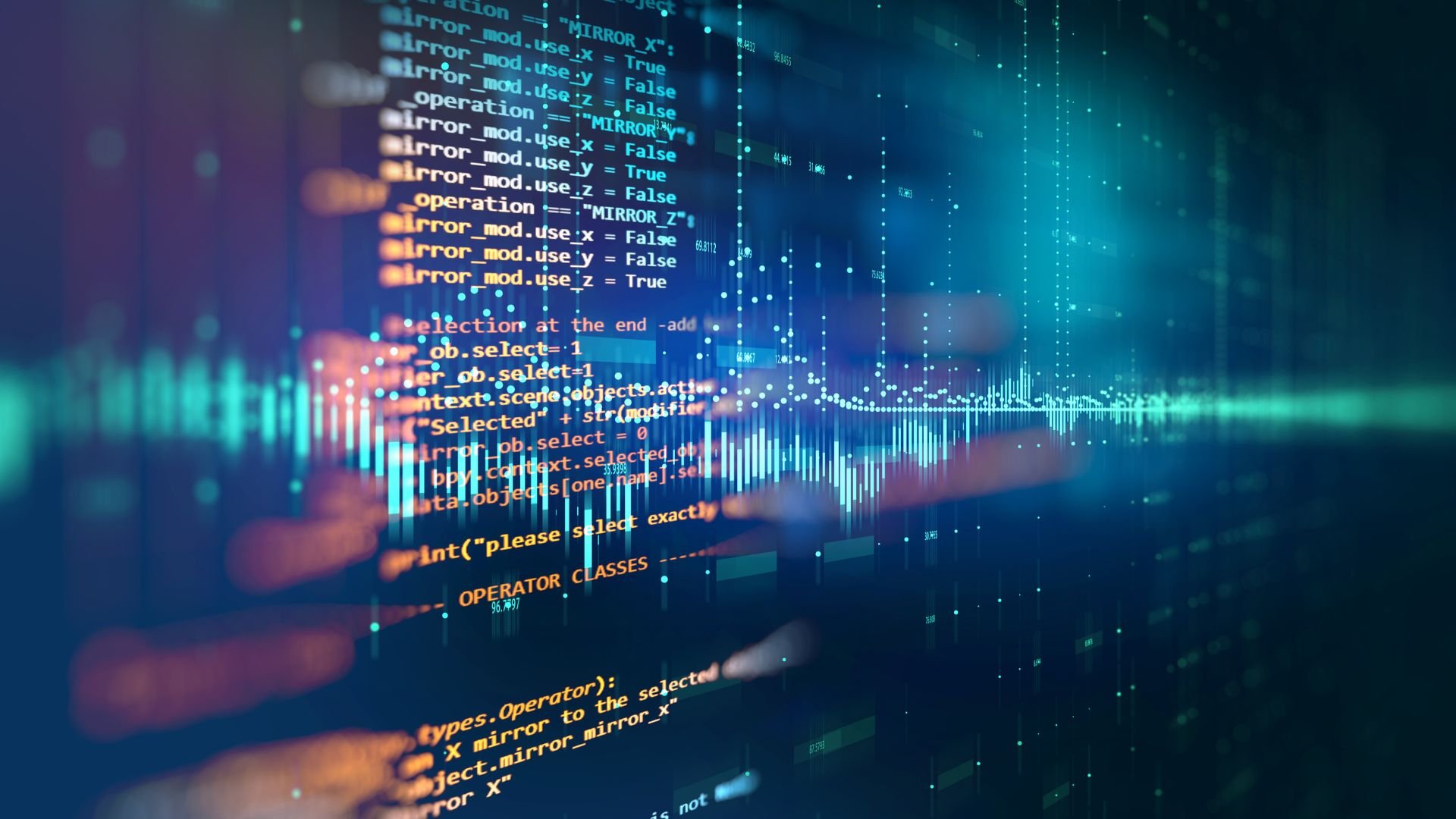 Programming code and digital data visualization with blurred background