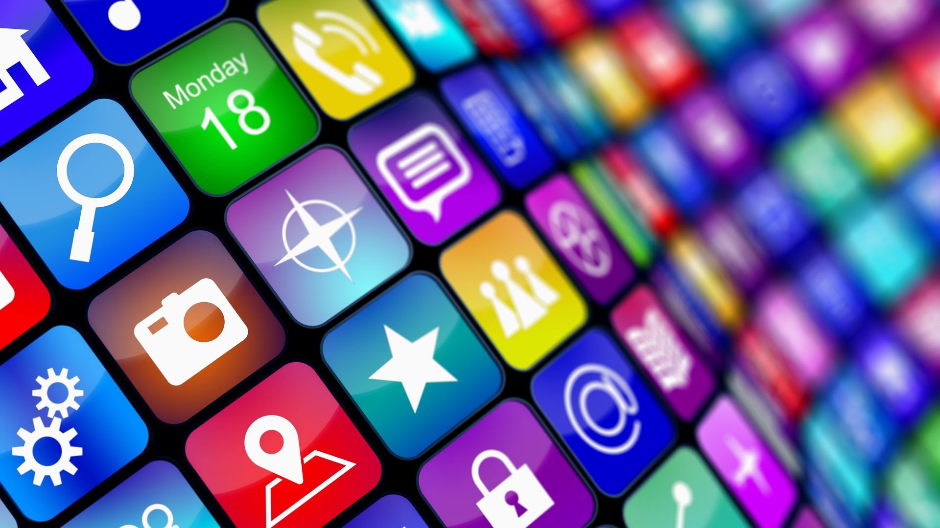 Colorful mobile app icons grid with calendar showing Monday 18