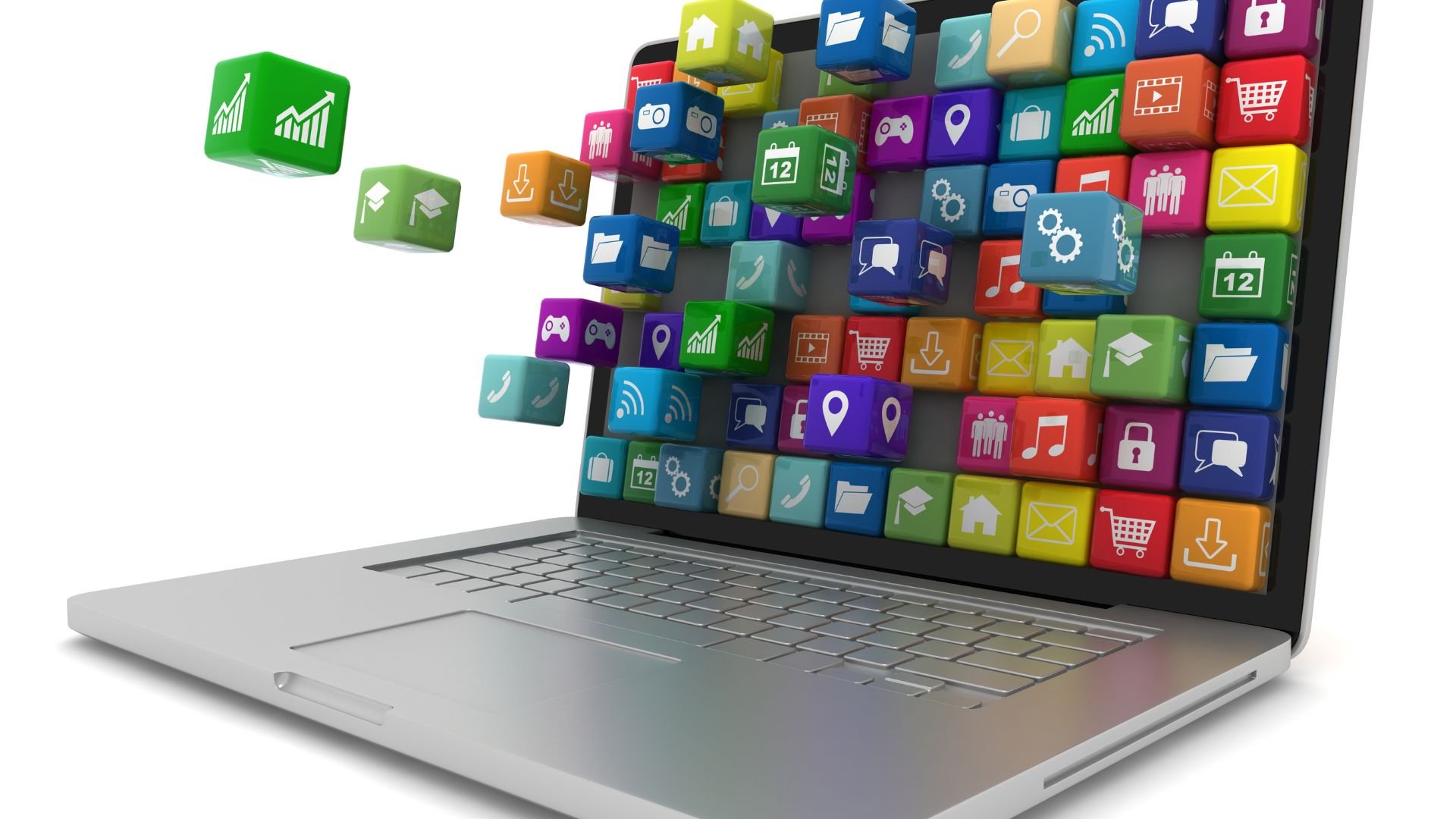 Laptop with colorful app icons floating out of the screen