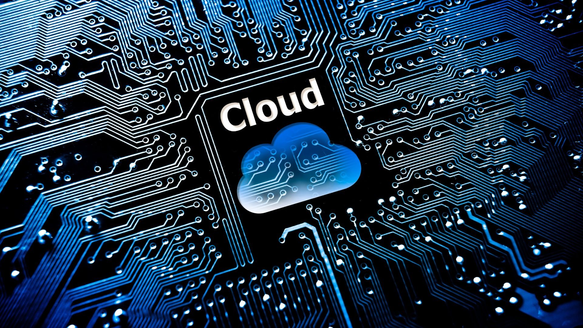 Blue circuit board with glowing cloud icon representing cloud computing technology