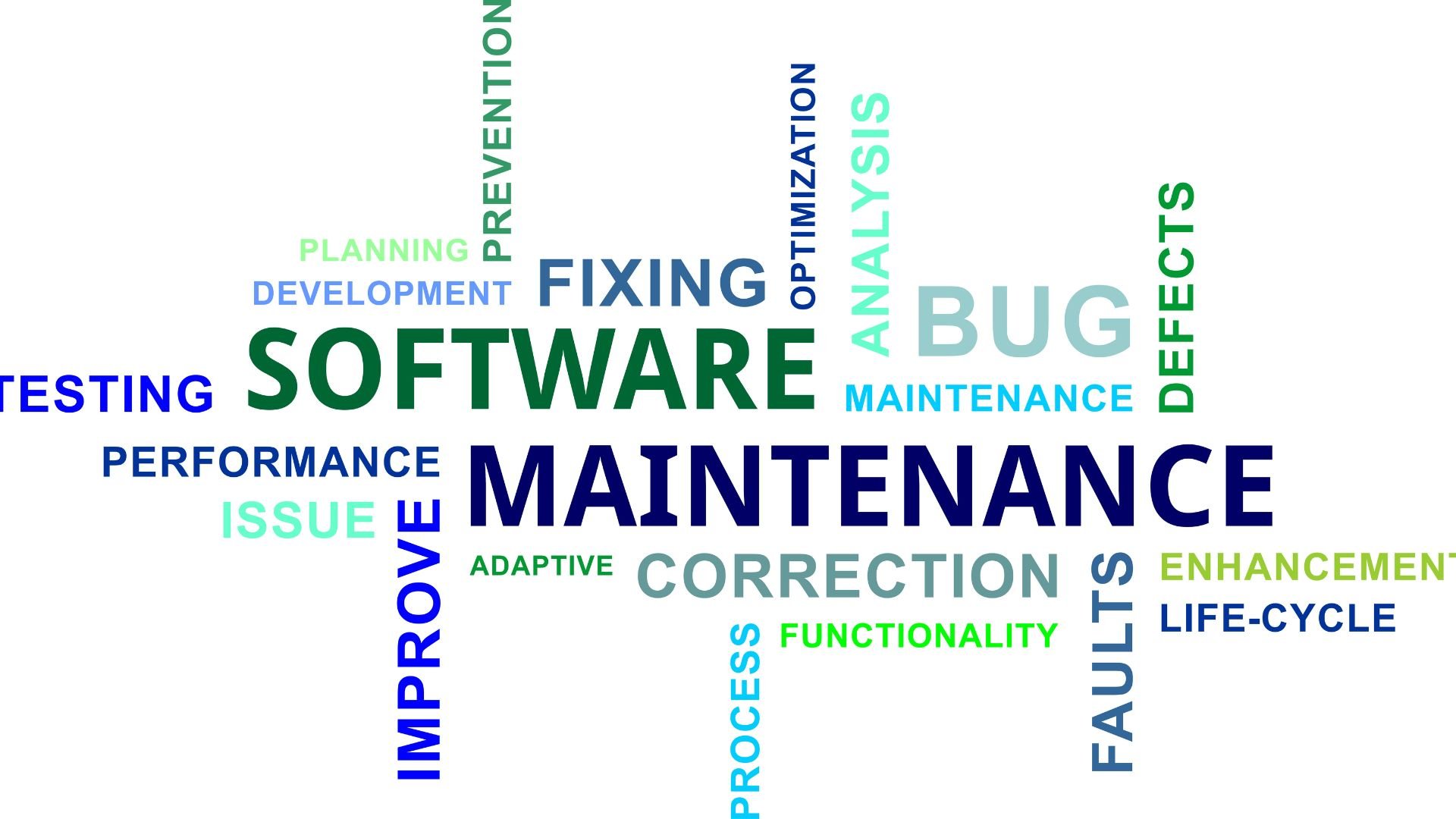 Software maintenance word cloud highlighting development, testing, and correction
